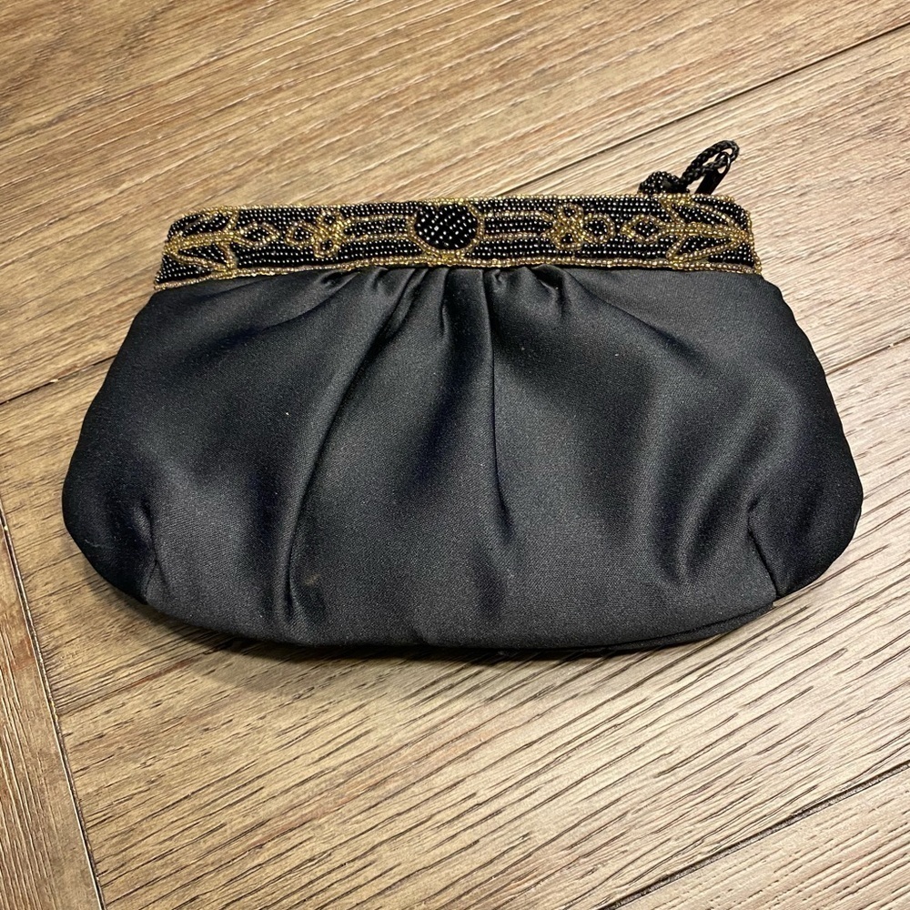 Genie black satin gathered top bead formal clutch